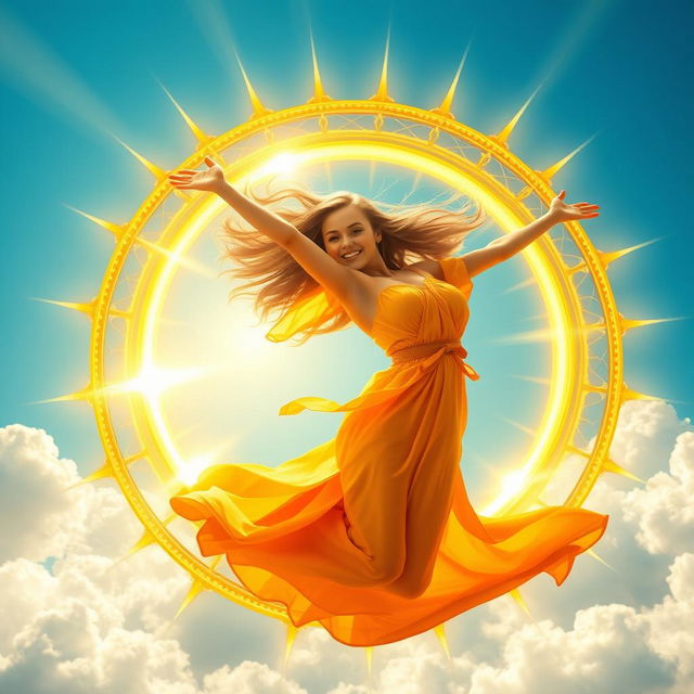 A radiant young woman gracefully soaring through the sky, surrounded by magnificent golden rings that symbolize the power of the sun