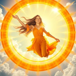 A radiant young woman gracefully soaring through the sky, surrounded by magnificent golden rings that symbolize the power of the sun