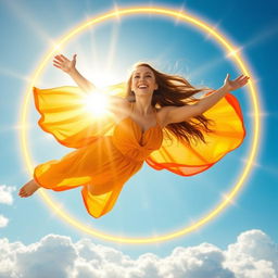 A radiant young woman gracefully soaring through the sky, surrounded by magnificent golden rings that symbolize the power of the sun