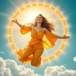 A radiant young woman gracefully soaring through the sky, surrounded by magnificent golden rings that symbolize the power of the sun