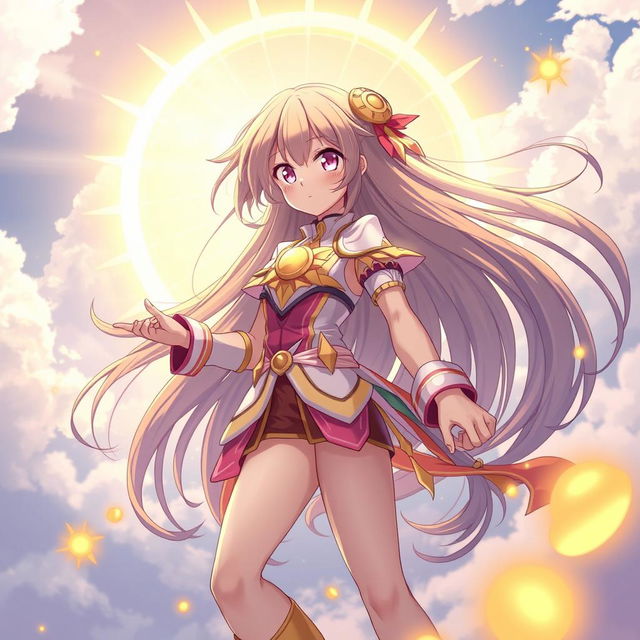 An anime girl with long flowing hair adorned in a vibrant, celestial-themed outfit, radiating energy