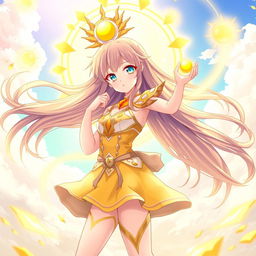 An anime girl with long flowing hair adorned in a vibrant, celestial-themed outfit, radiating energy