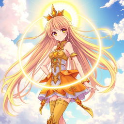 An anime girl with long flowing hair adorned in a vibrant, celestial-themed outfit, radiating energy