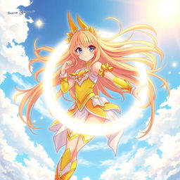 An anime girl with long flowing hair adorned in a vibrant, celestial-themed outfit, radiating energy