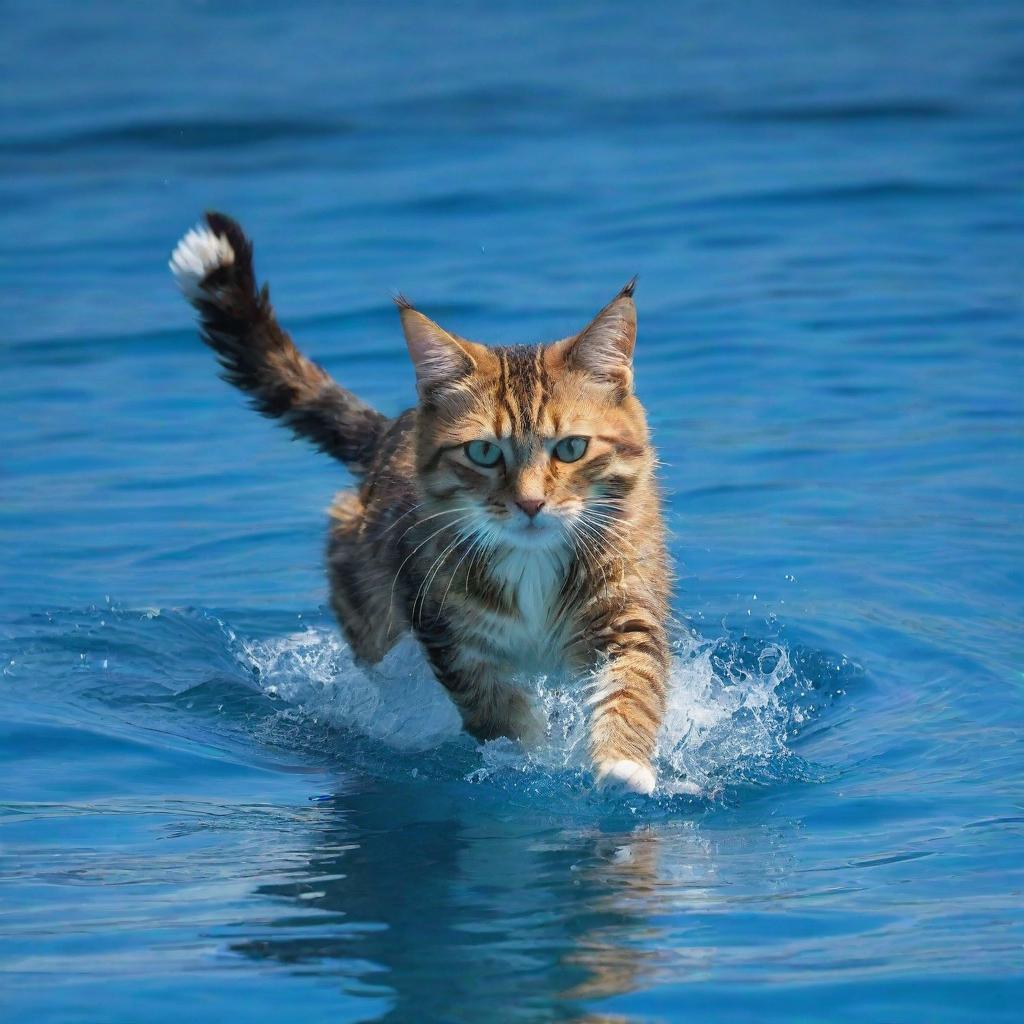 A winged cat swimming gracefully through the vibrant, azure ocean, its wings ripple through the water like marine fauna.