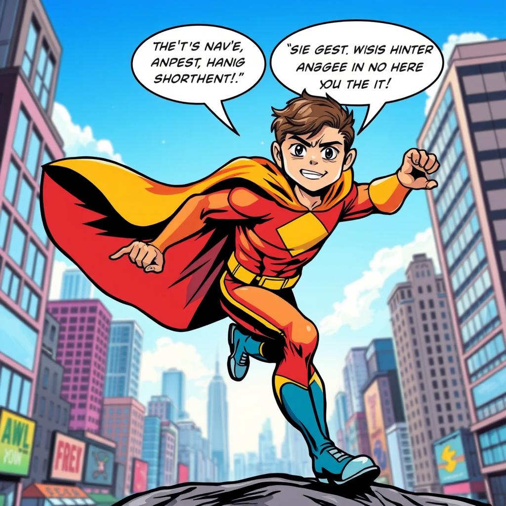 A vibrant and colorful comic scene featuring a heroic character in a dynamic pose, dressed in a superhero costume with a flowing cape