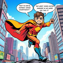 A vibrant and colorful comic scene featuring a heroic character in a dynamic pose, dressed in a superhero costume with a flowing cape