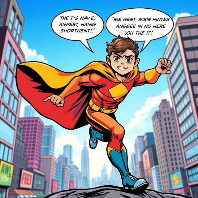 A vibrant and colorful comic scene featuring a heroic character in a dynamic pose, dressed in a superhero costume with a flowing cape