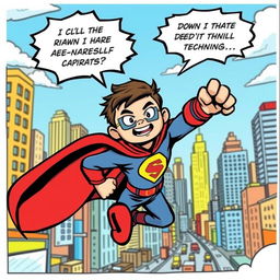 A vibrant and colorful comic scene featuring a heroic character in a dynamic pose, dressed in a superhero costume with a flowing cape