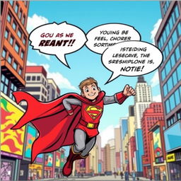 A vibrant and colorful comic scene featuring a heroic character in a dynamic pose, dressed in a superhero costume with a flowing cape