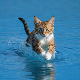 A winged cat swimming gracefully through the vibrant, azure ocean, its wings ripple through the water like marine fauna.