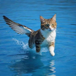 A winged cat swimming gracefully through the vibrant, azure ocean, its wings ripple through the water like marine fauna.