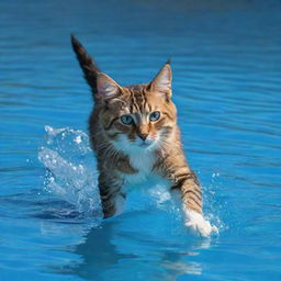 A winged cat swimming gracefully through the vibrant, azure ocean, its wings ripple through the water like marine fauna.