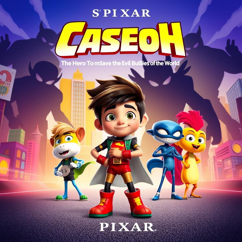 A Pixar movie poster titled "Caseoh: The Hero to Save the World from the Evil Bullies of the World"