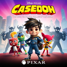 A Pixar movie poster titled "Caseoh: The Hero to Save the World from the Evil Bullies of the World"