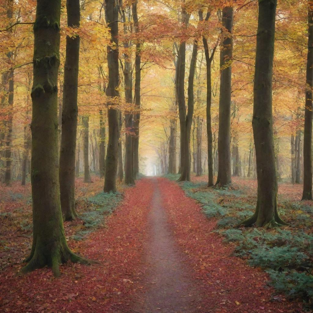 An enchanting autumn forest with colorful leaves falling from the trees, a narrow pathway leading deeper into the forest, and a soft light peeking through the branches.