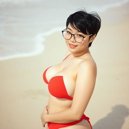 A hot Asian woman with big breasts and a curvy figure, wearing a vibrant red bikini that accentuates her body