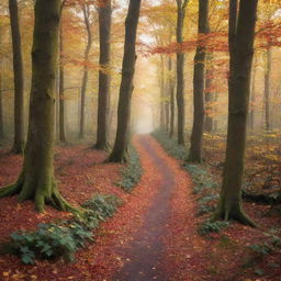 An enchanting autumn forest with colorful leaves falling from the trees, a narrow pathway leading deeper into the forest, and a soft light peeking through the branches.