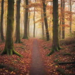 An enchanting autumn forest with colorful leaves falling from the trees, a narrow pathway leading deeper into the forest, and a soft light peeking through the branches.