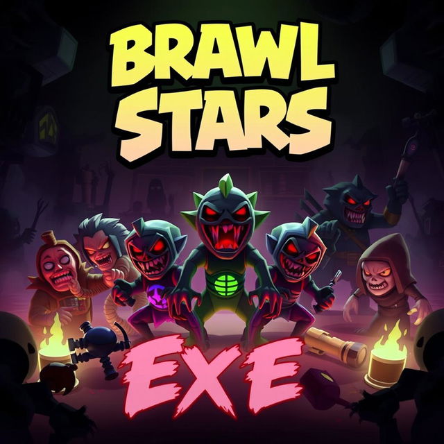 A horror-themed Brawl Stars poster titled "Brawl Stars: Exe" featuring a dark and eerie twist on the beloved characters