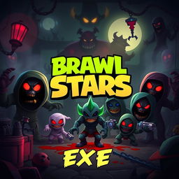 A horror-themed Brawl Stars poster titled "Brawl Stars: Exe" featuring a dark and eerie twist on the beloved characters