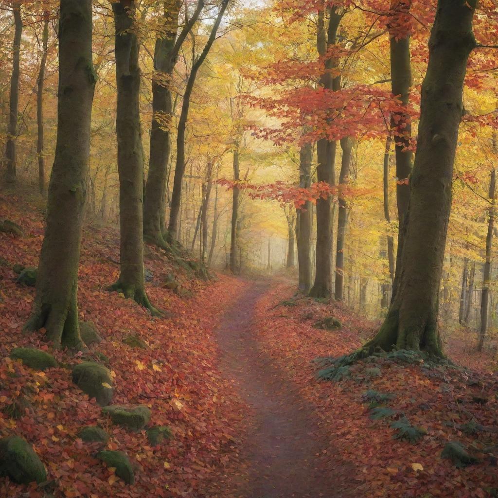 An enchanting autumn forest with colorful leaves falling from the trees, a narrow pathway leading deeper into the forest, and a soft light peeking through the branches.