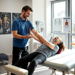 A male physiotherapist assisting a patient in a modern clinic