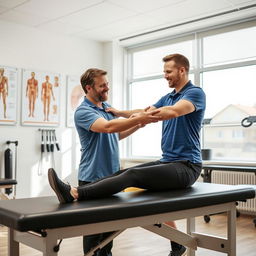 A male physiotherapist assisting a patient in a modern clinic