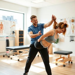 A male physiotherapist assisting a patient in a modern clinic