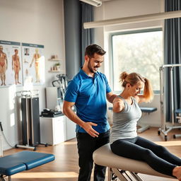 A male physiotherapist assisting a patient in a modern clinic