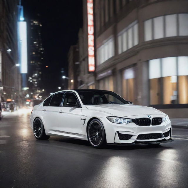 A glossy white BMW M3 racing through the city streets illuminated by the night lights.