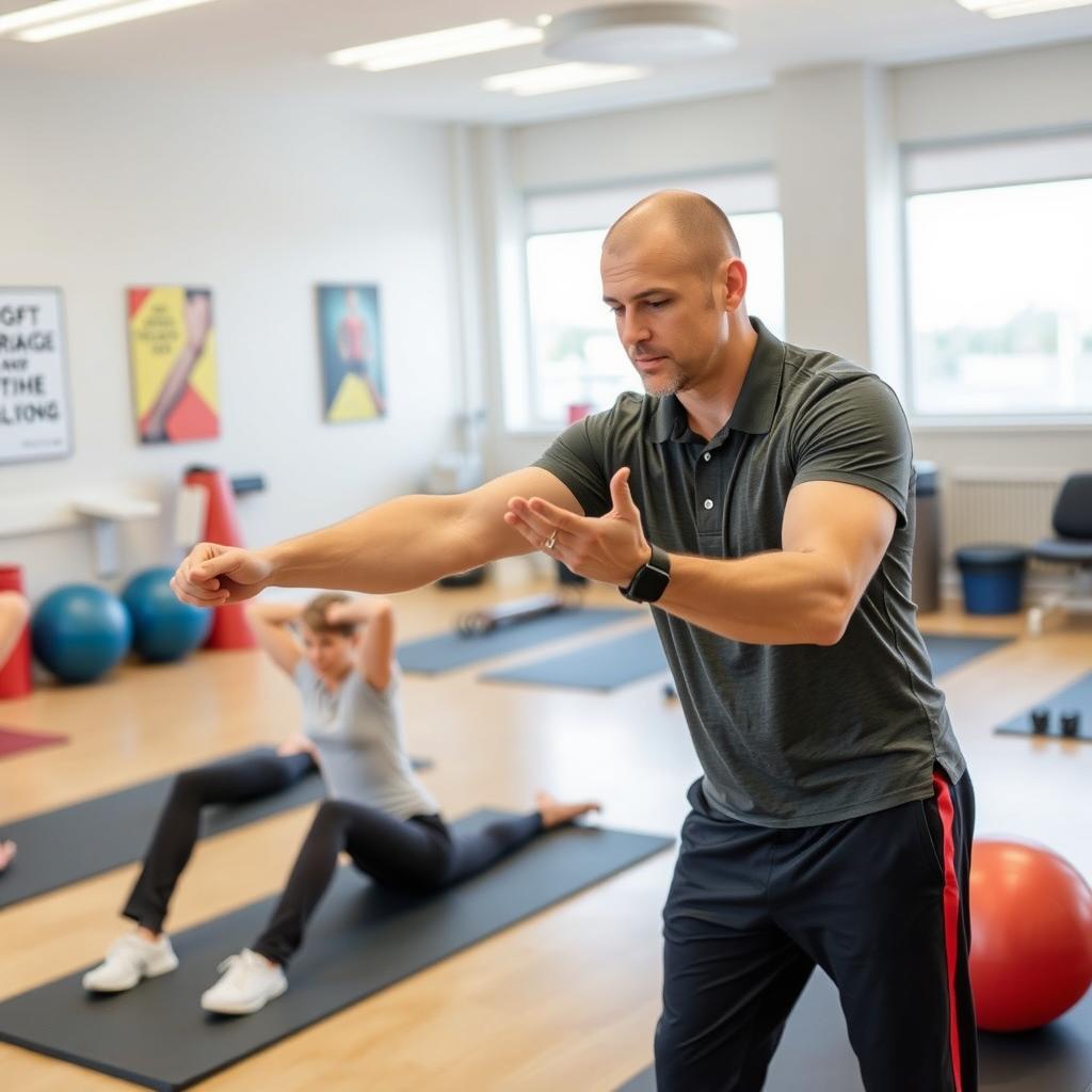 A male physiotherapist actively working in a rehabilitation clinic