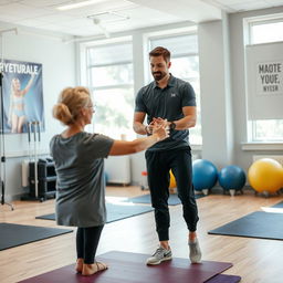 A male physiotherapist actively working in a rehabilitation clinic