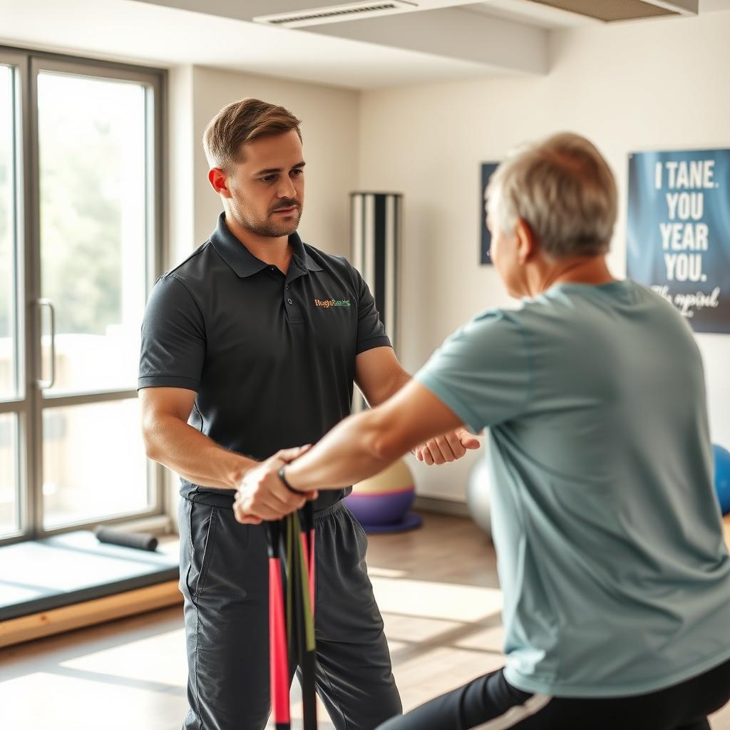 A male physiotherapist actively working in a rehabilitation clinic