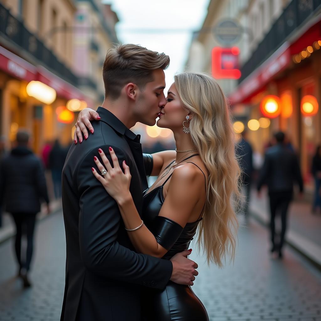 A romantic and vibrant scene featuring a 17-year-old Slavic girl with long, semi-wavy blonde hair styled to one side and striking blue eyes