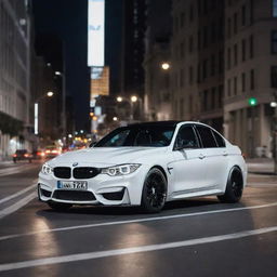 A glossy white BMW M3 racing through the city streets illuminated by the night lights.