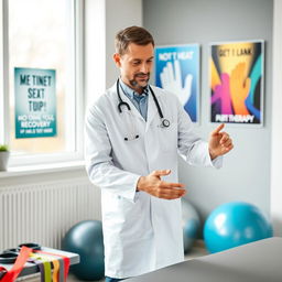 A male doctor who specializes in physiotherapy, dressed in a white lab coat and a stethoscope around his neck