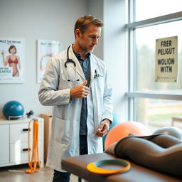 A male doctor who specializes in physiotherapy, dressed in a white lab coat and a stethoscope around his neck