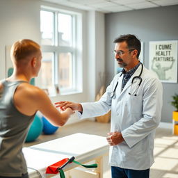 A male doctor who specializes in physiotherapy, dressed in a white lab coat and a stethoscope around his neck