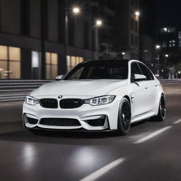 A glossy white BMW M3 racing through the city streets illuminated by the night lights.