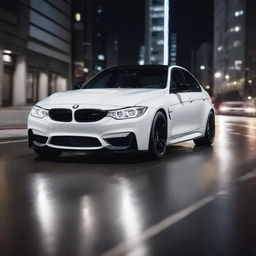 A glossy white BMW M3 racing through the city streets illuminated by the night lights.