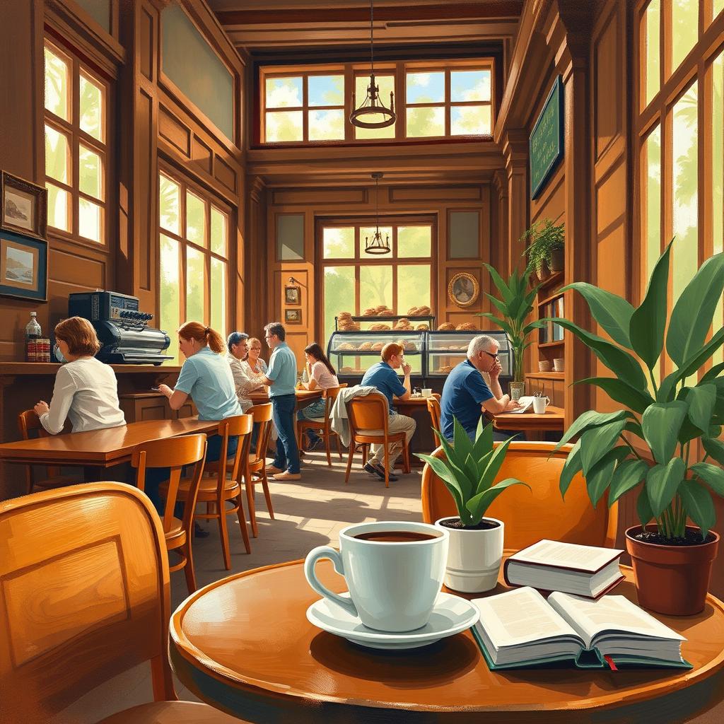 A cozy and warm interior scene of a café, with rich wooden furniture, large windows letting in natural light, and people enjoying their coffee