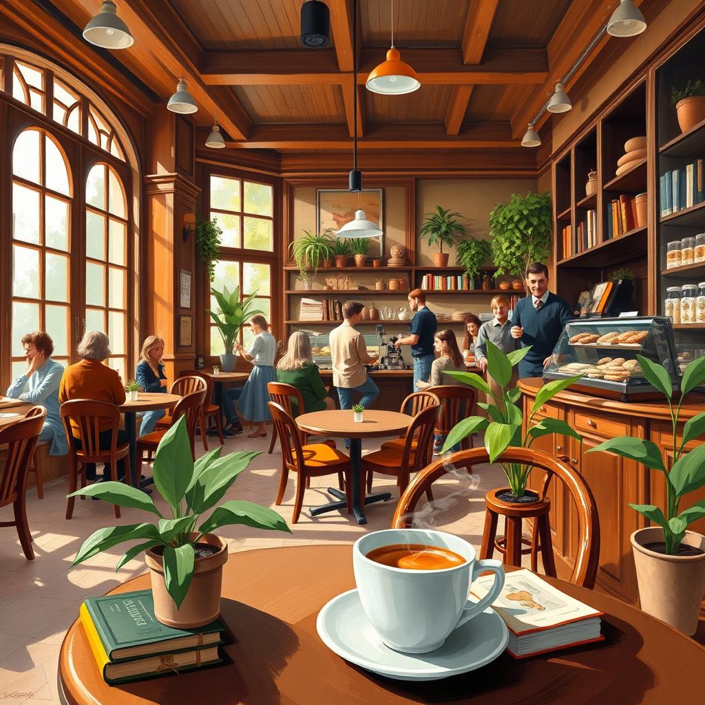 A cozy and warm interior scene of a café, with rich wooden furniture, large windows letting in natural light, and people enjoying their coffee