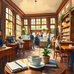 A cozy and warm interior scene of a café, with rich wooden furniture, large windows letting in natural light, and people enjoying their coffee