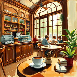 A cozy and warm interior scene of a café, with rich wooden furniture, large windows letting in natural light, and people enjoying their coffee