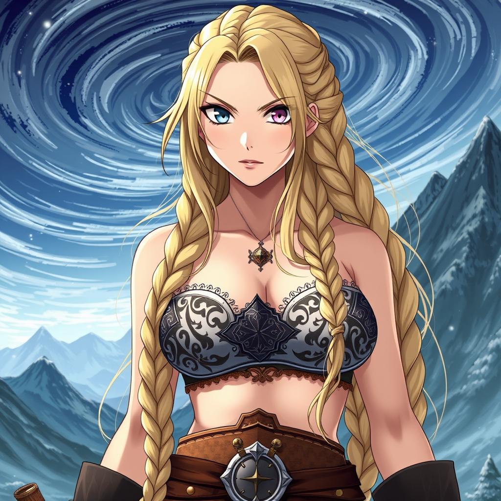 A stunning anime girl wearing a Viking-themed bra adorned with intricate patterns and designs that reflect Norse mythology