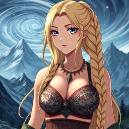 A stunning anime girl wearing a Viking-themed bra adorned with intricate patterns and designs that reflect Norse mythology