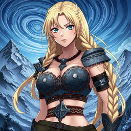 A stunning anime girl wearing a Viking-themed bra adorned with intricate patterns and designs that reflect Norse mythology