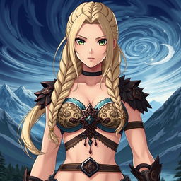 A stunning anime girl wearing a Viking-themed bra adorned with intricate patterns and designs that reflect Norse mythology