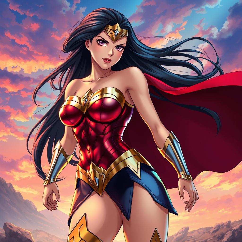 Anime rendition of Wonder Woman, featuring her in a dynamic pose that showcases her strength and femininity